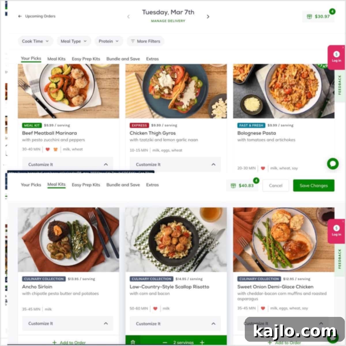 Home Chef meal selection screen