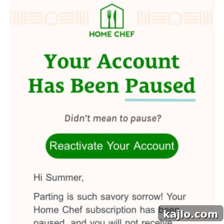 Screenshot of Home Chef cancel/pause subscription option