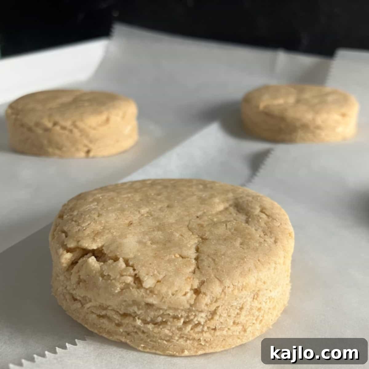 Protein biscuit dough cut into rounds on a baking sheet.
