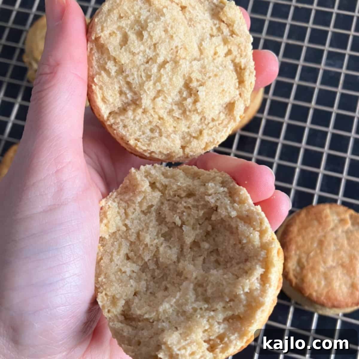 Close-up of flaky protein biscuits, showing their tender layers.