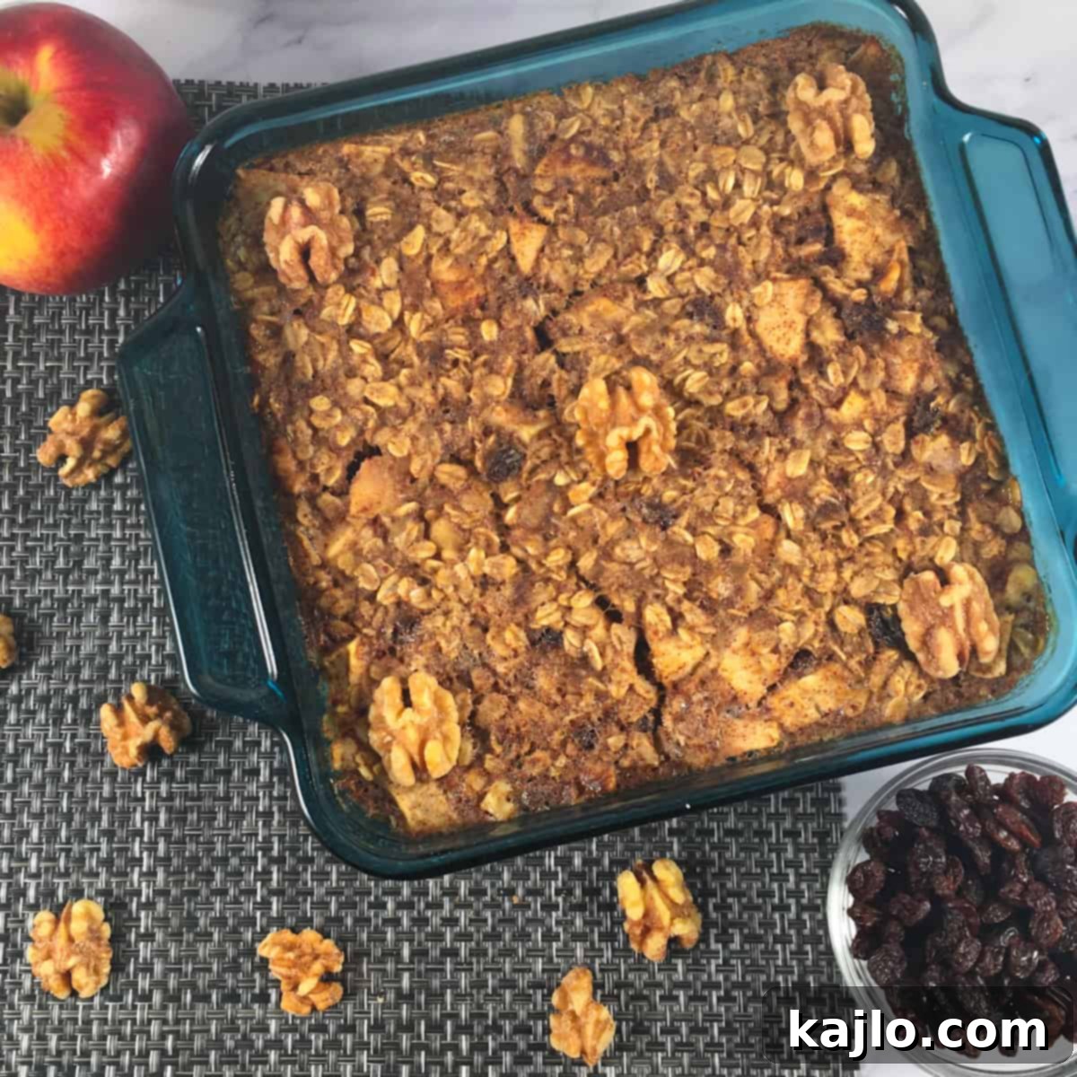 Guilt-Free Baked Oatmeal Bliss 3 Close-up of baked oatmeal with apples and bananas, a low calorie, no sugar recipe.