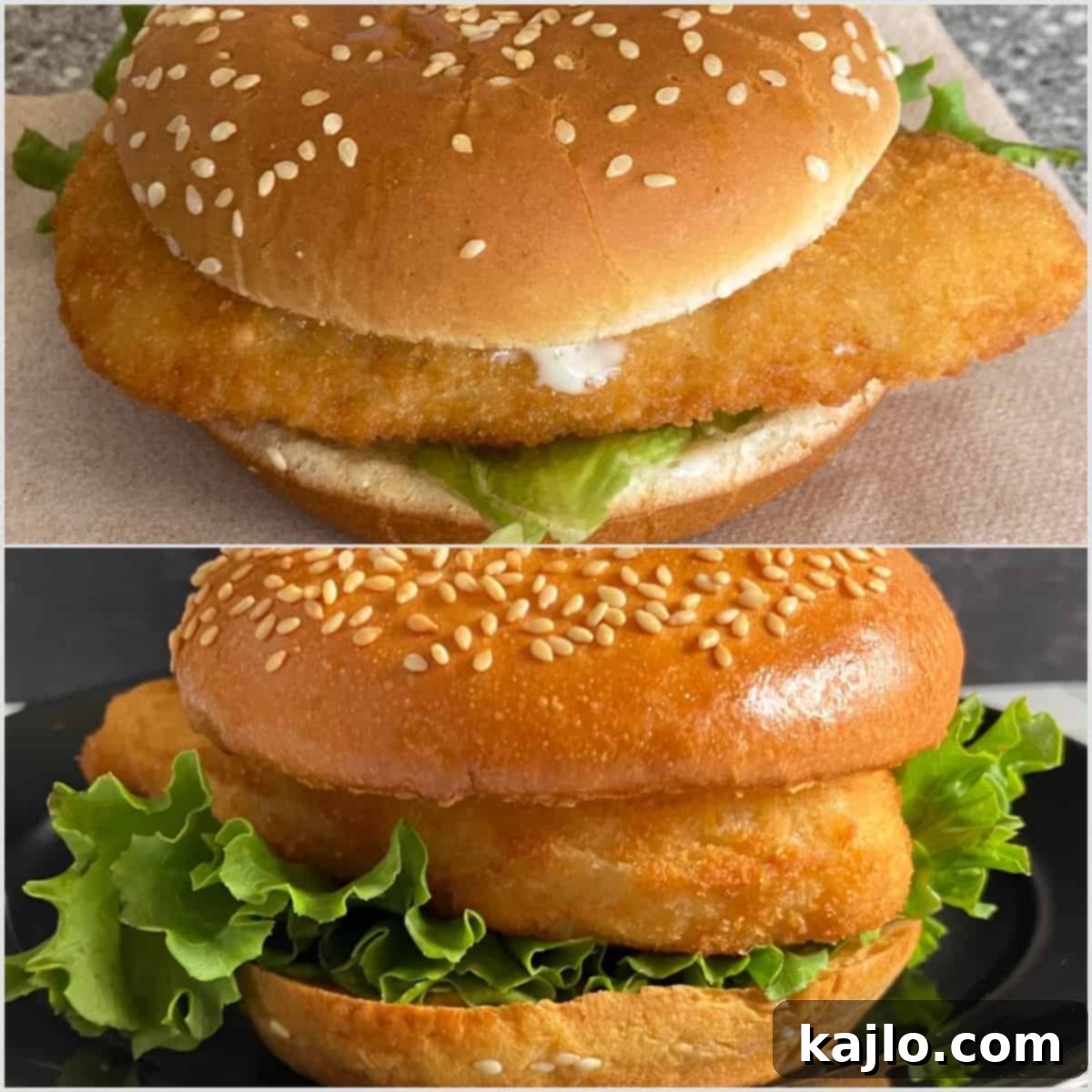 Comparison of Hardee's panko-breaded fish sandwich (top) and a copycat version (bottom)