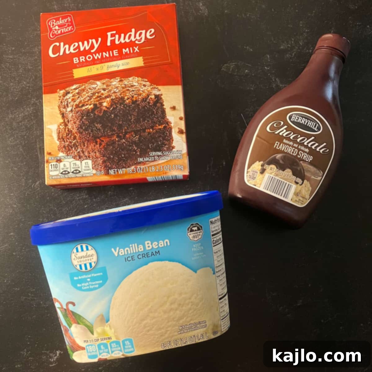 sizzling brownie ingredients: brownies, chocolate syrup, vanilla ice cream