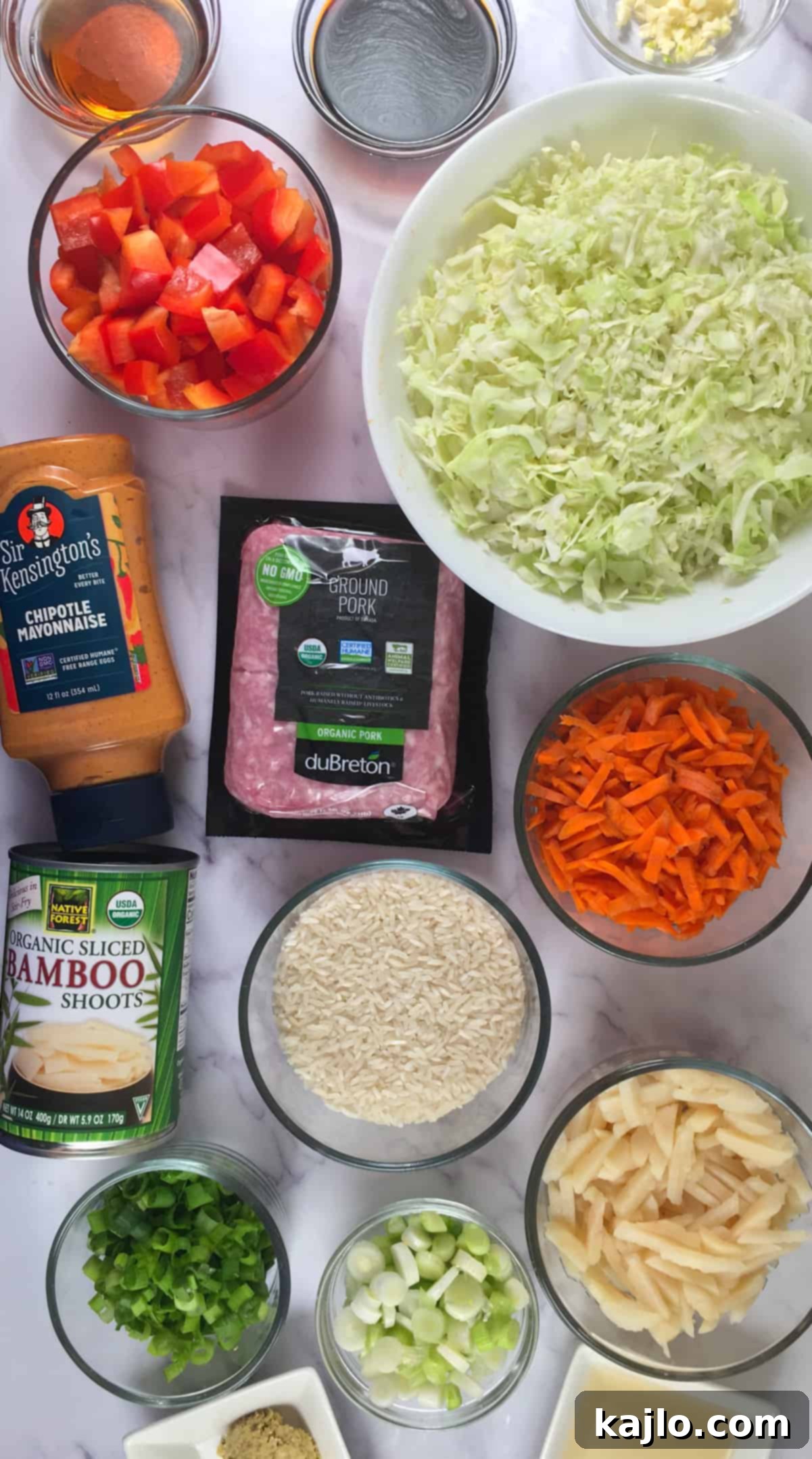 Inside Out Egg Roll Recipe Video 3 A selection of fresh ingredients laid out for inside out egg rolls preparation