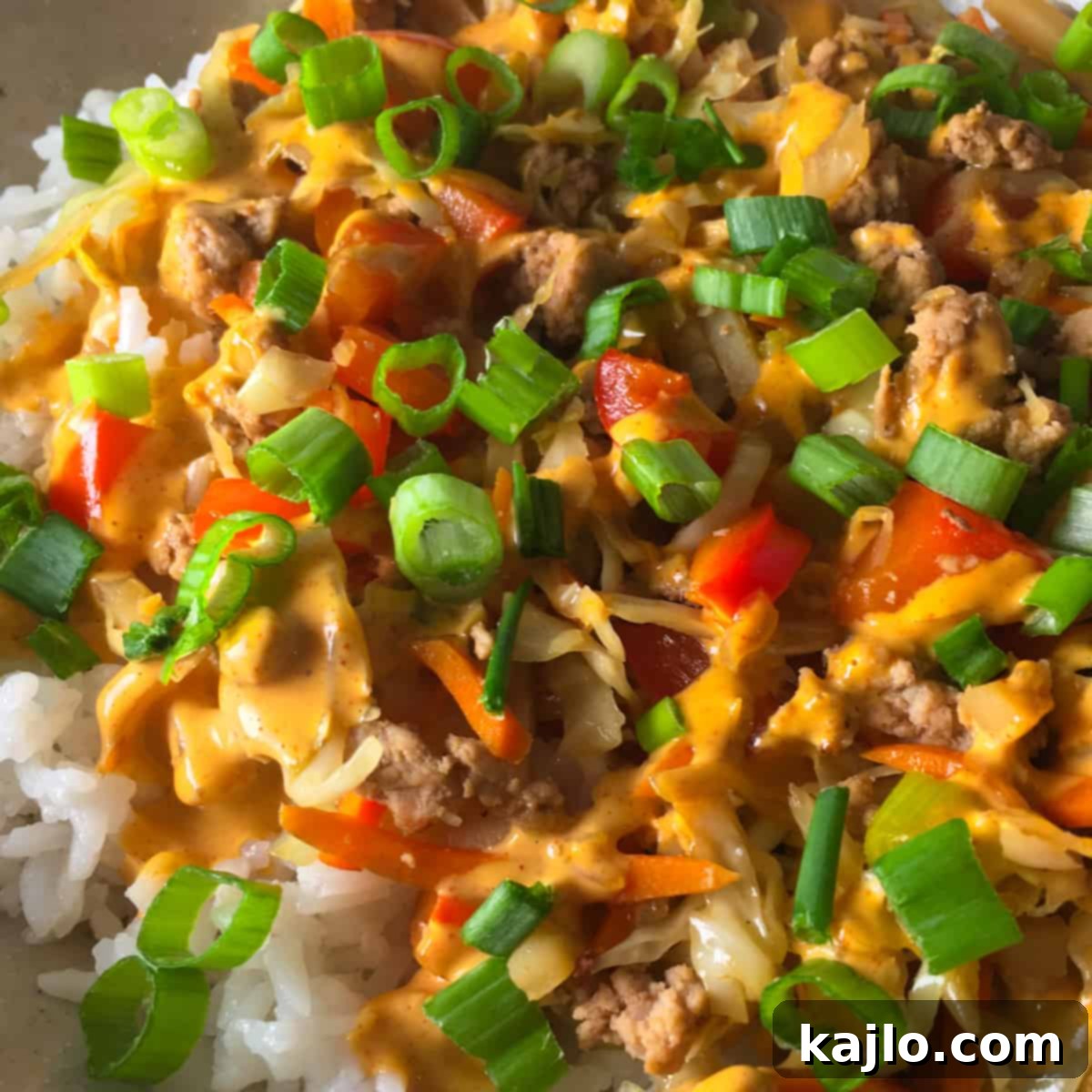 Inside Out Egg Roll Recipe Video 5 A beautifully arranged egg roll bowl, garnished and ready for enjoyment