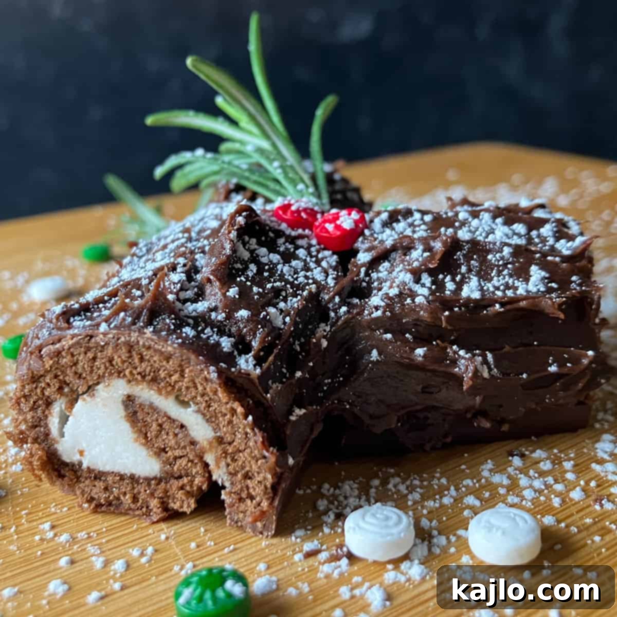 Delicious no-bake Summer Yule Log dessert decorated for the holidays.