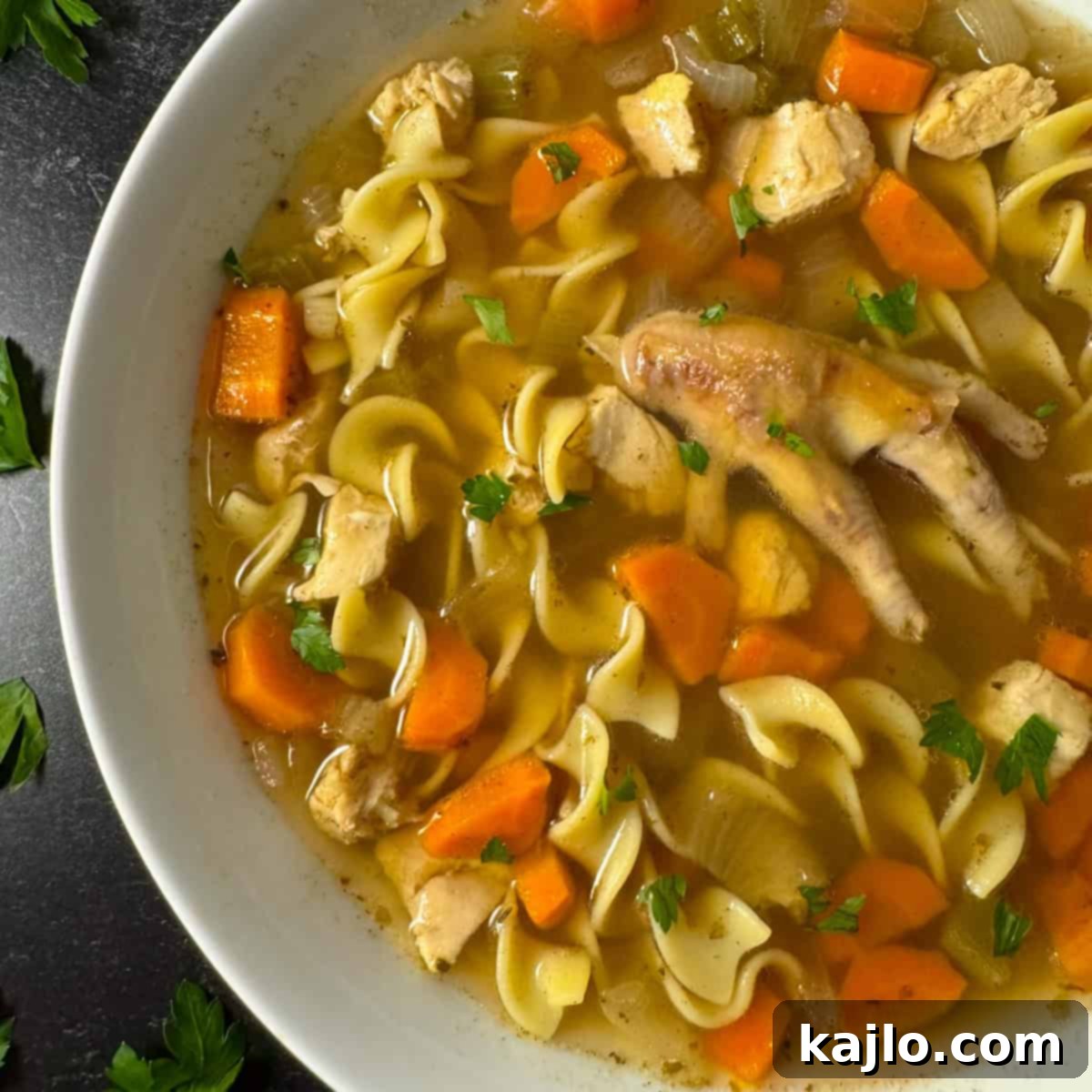 Finished slow cooker chicken feet soup with noodles and chicken