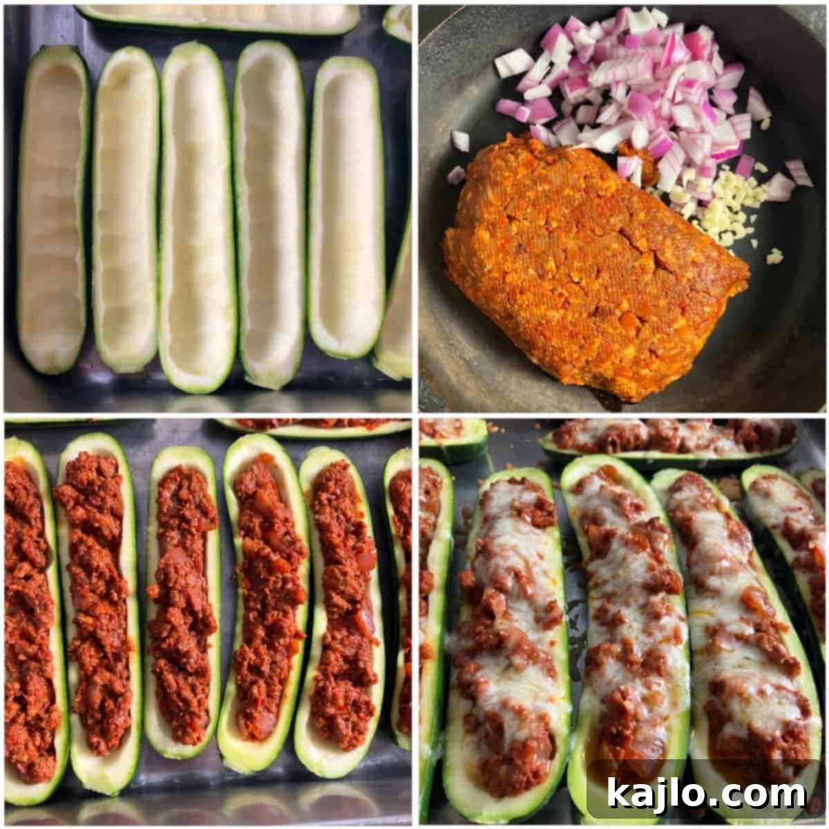 Step-by-step process of hollowing out zucchini for stuffing