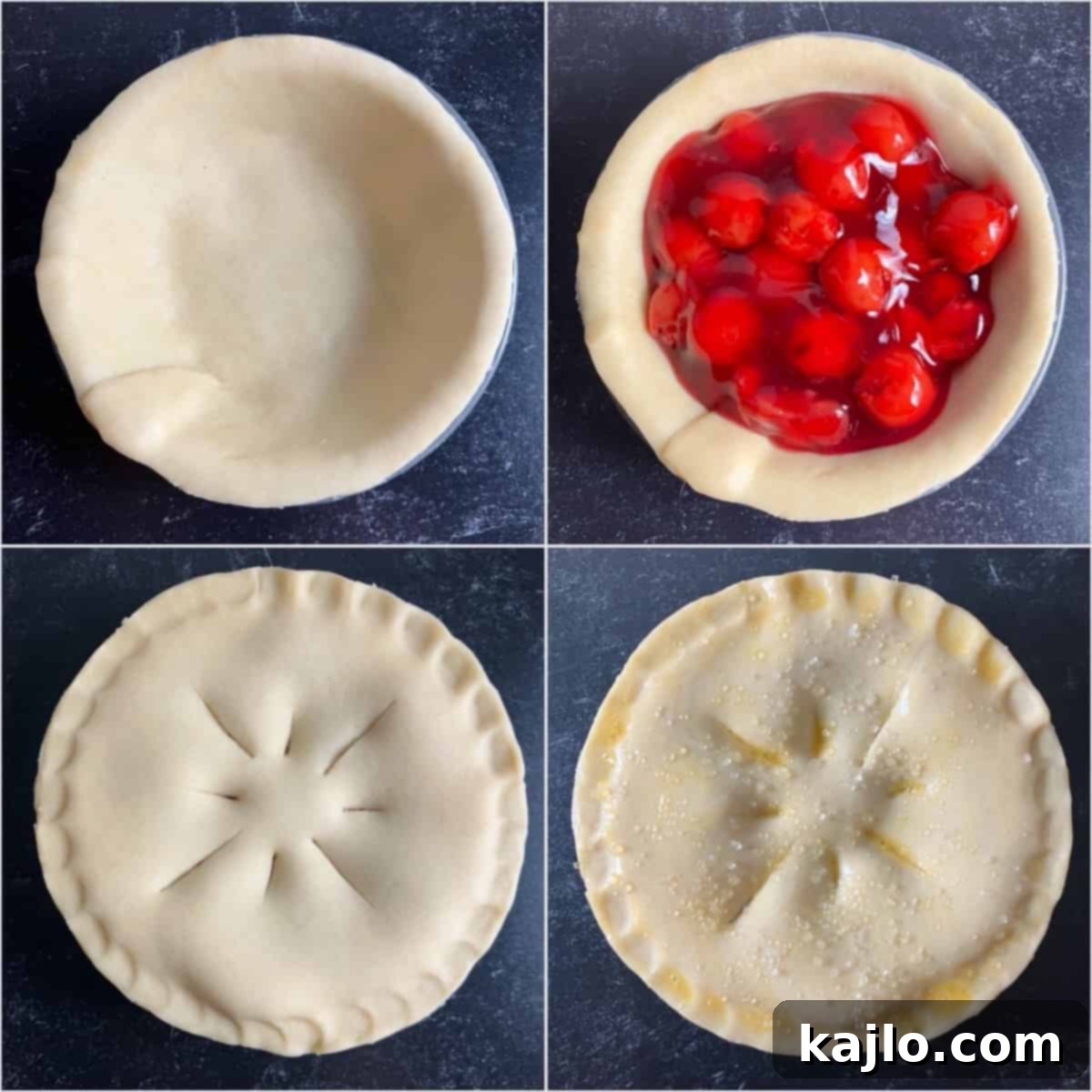 Air Fryer Mini Cherry Pies 4 Visual guide showing the steps to prepare and bake an air fryer cherry pie.