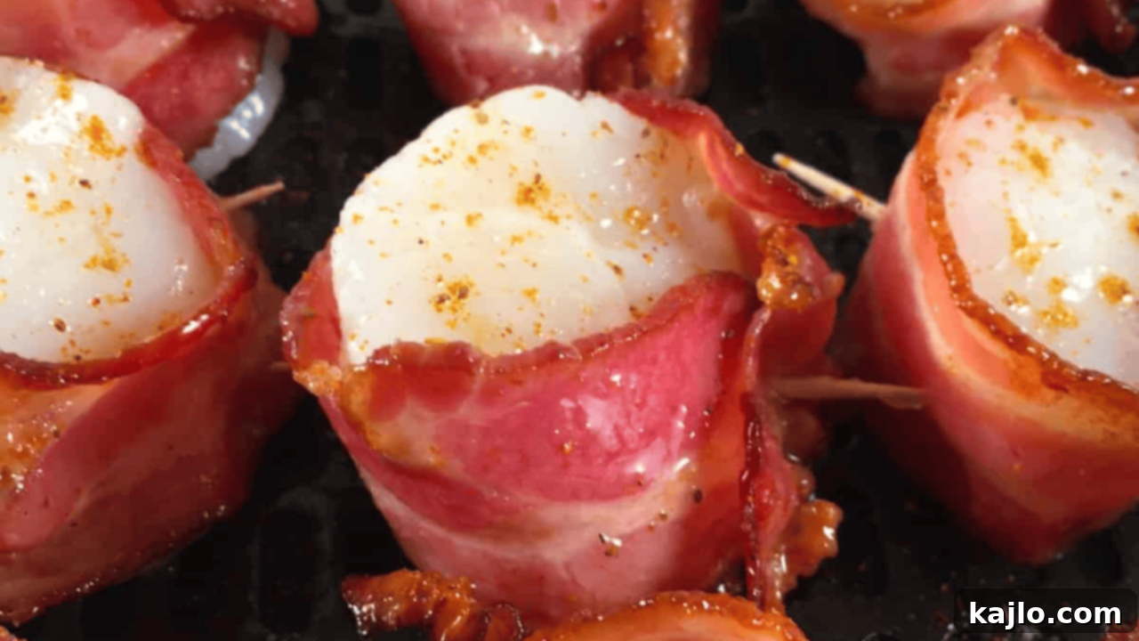 Exquisite air fryer bacon-wrapped scallops on a plate, garnished with fresh herbs