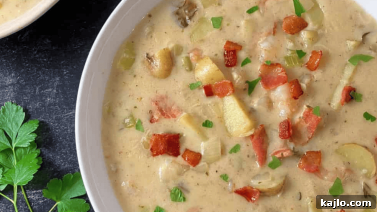 10 Recipes You'll Keep Coming Back For 6 Creamy New England Shrimp Chowder, generously loaded with tender shrimp, potatoes, and aromatic herbs, a perfect comforting seafood meal.