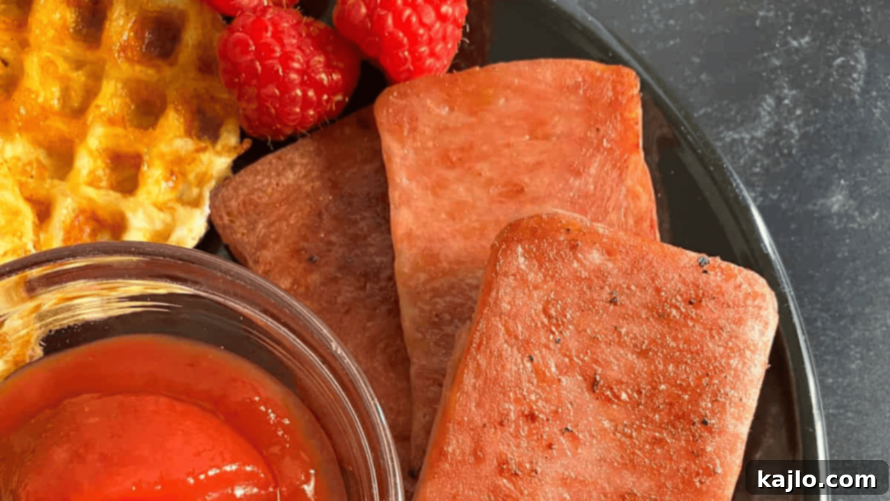 Crispy fried Spam slices served alongside eggs and toast for breakfast