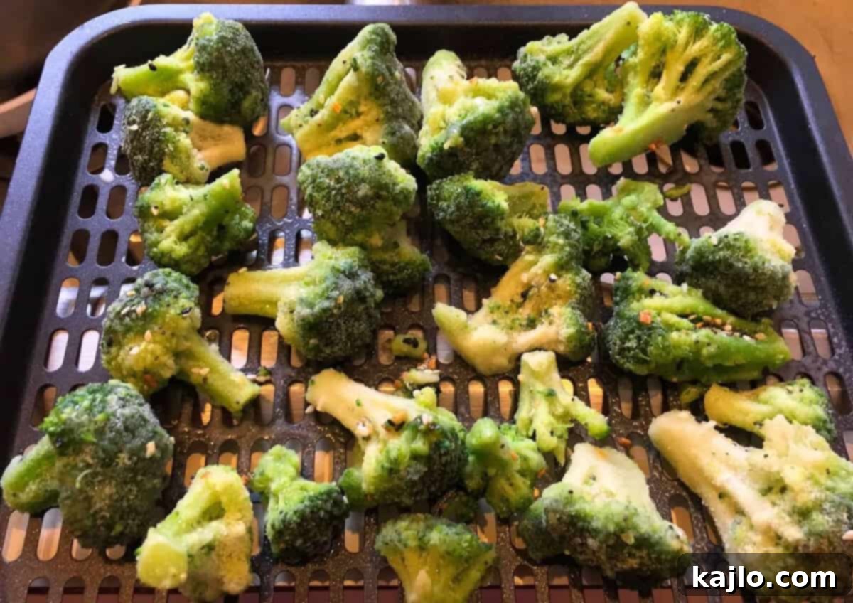 Crispy Air Fryer Frozen Vegetables 5 Broccoli on air fryer rack