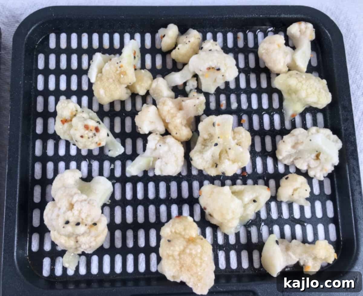 Crispy Air Fryer Frozen Vegetables 7 cauliflower on air fryer rack