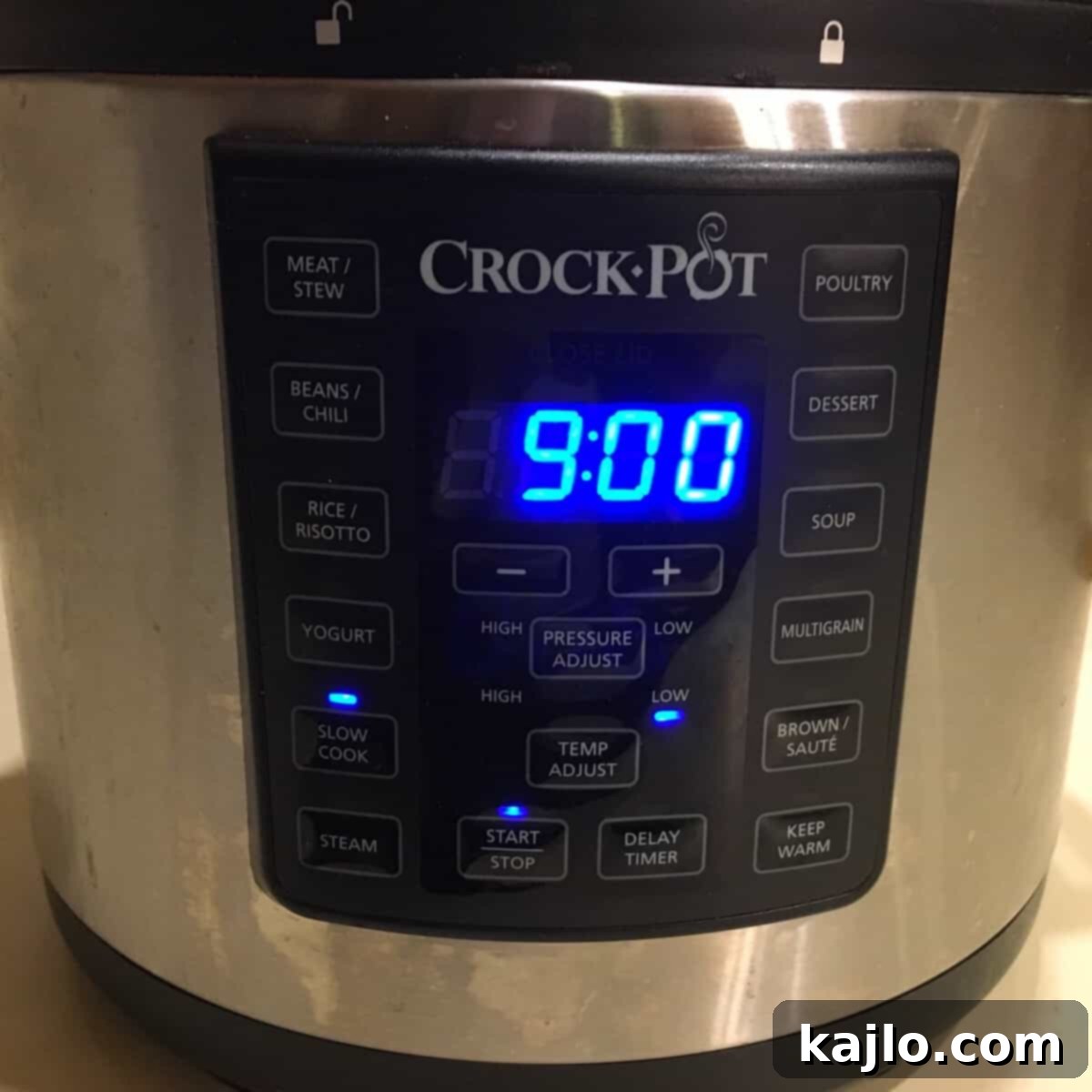 A slow cooker set to cook steel cut oats overnight.