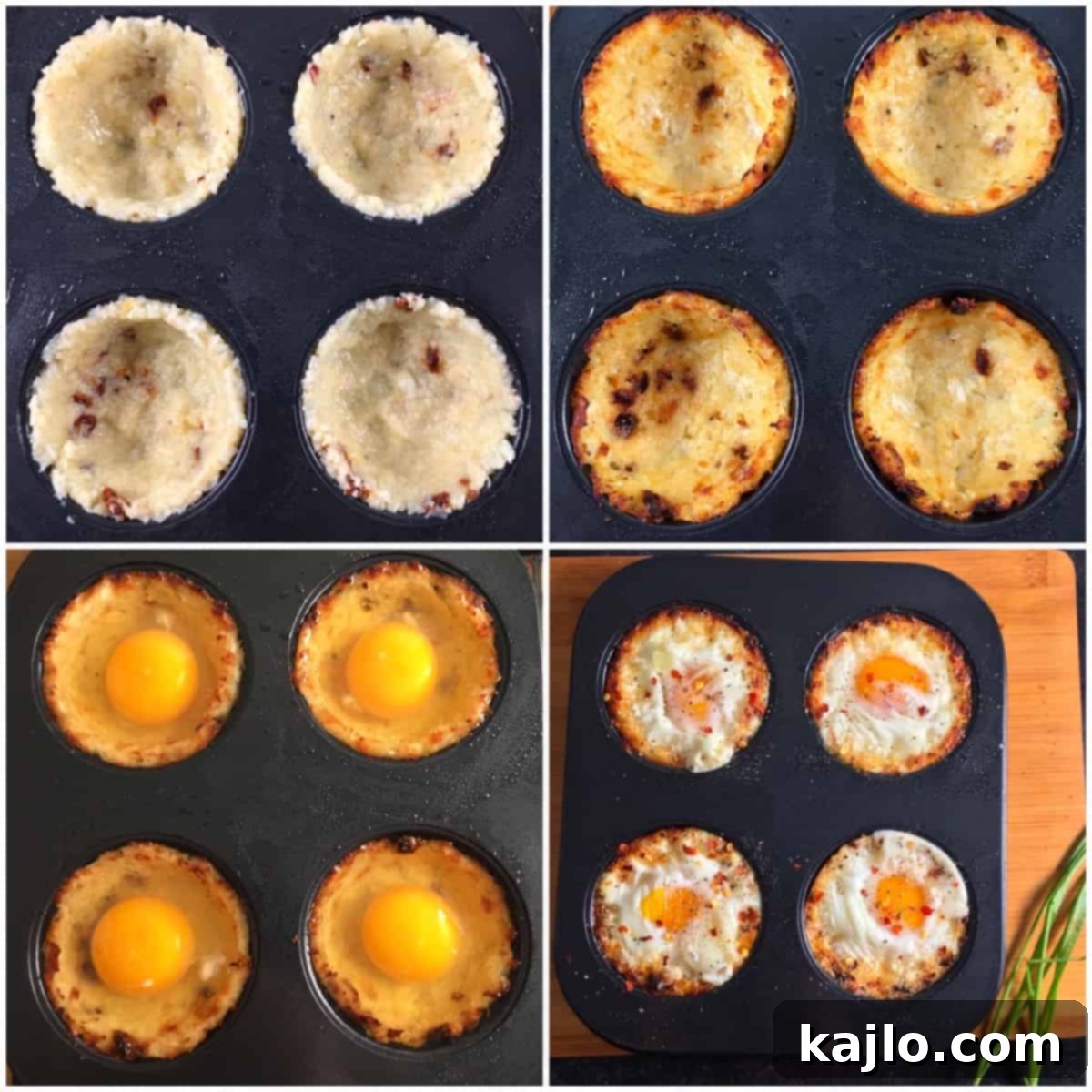 Air Fryer Keto Low Carb Egg Muffins Recipe 6 Raw eggs carefully added to partially baked cauliflower cups