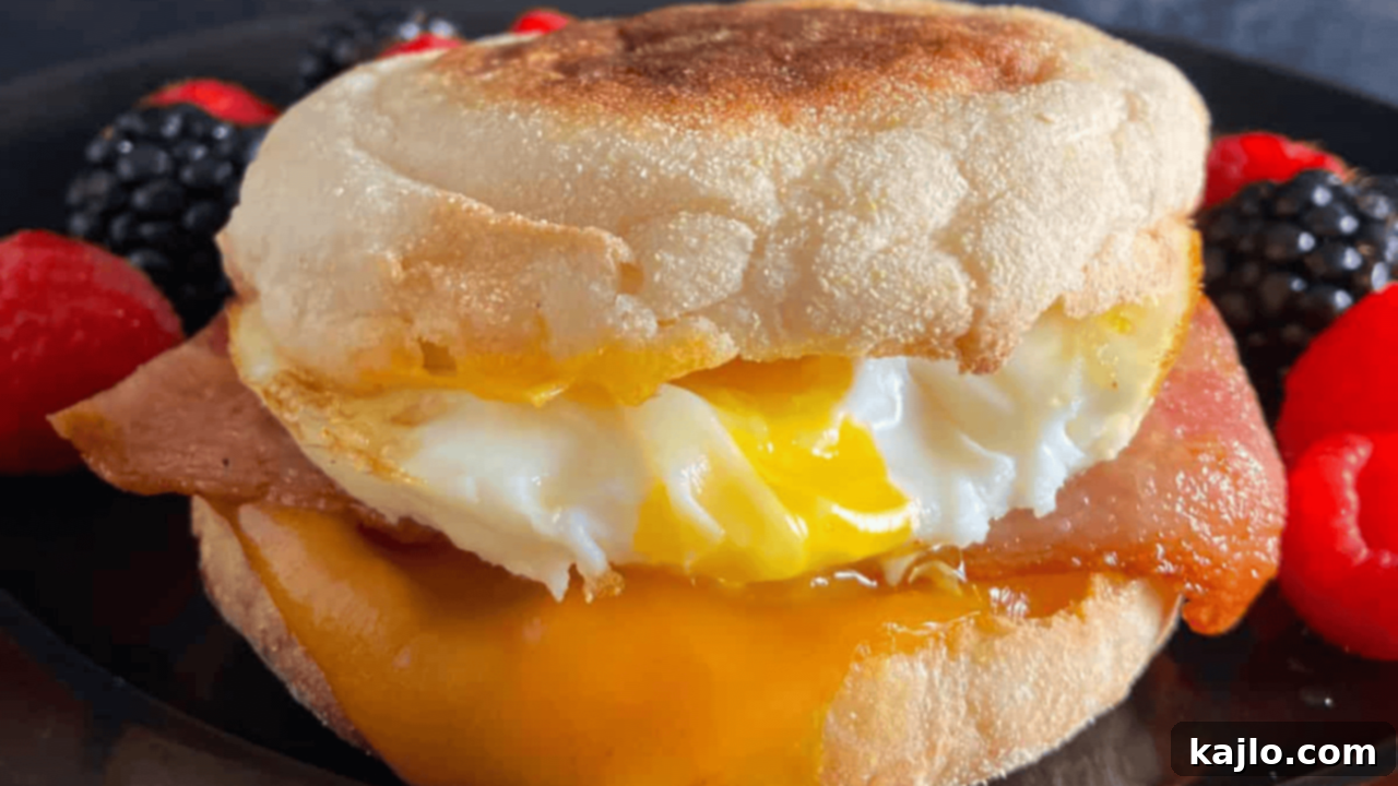 Air fryer breakfast sandwich with egg, cheese, and bacon on an English muffin, golden and crispy