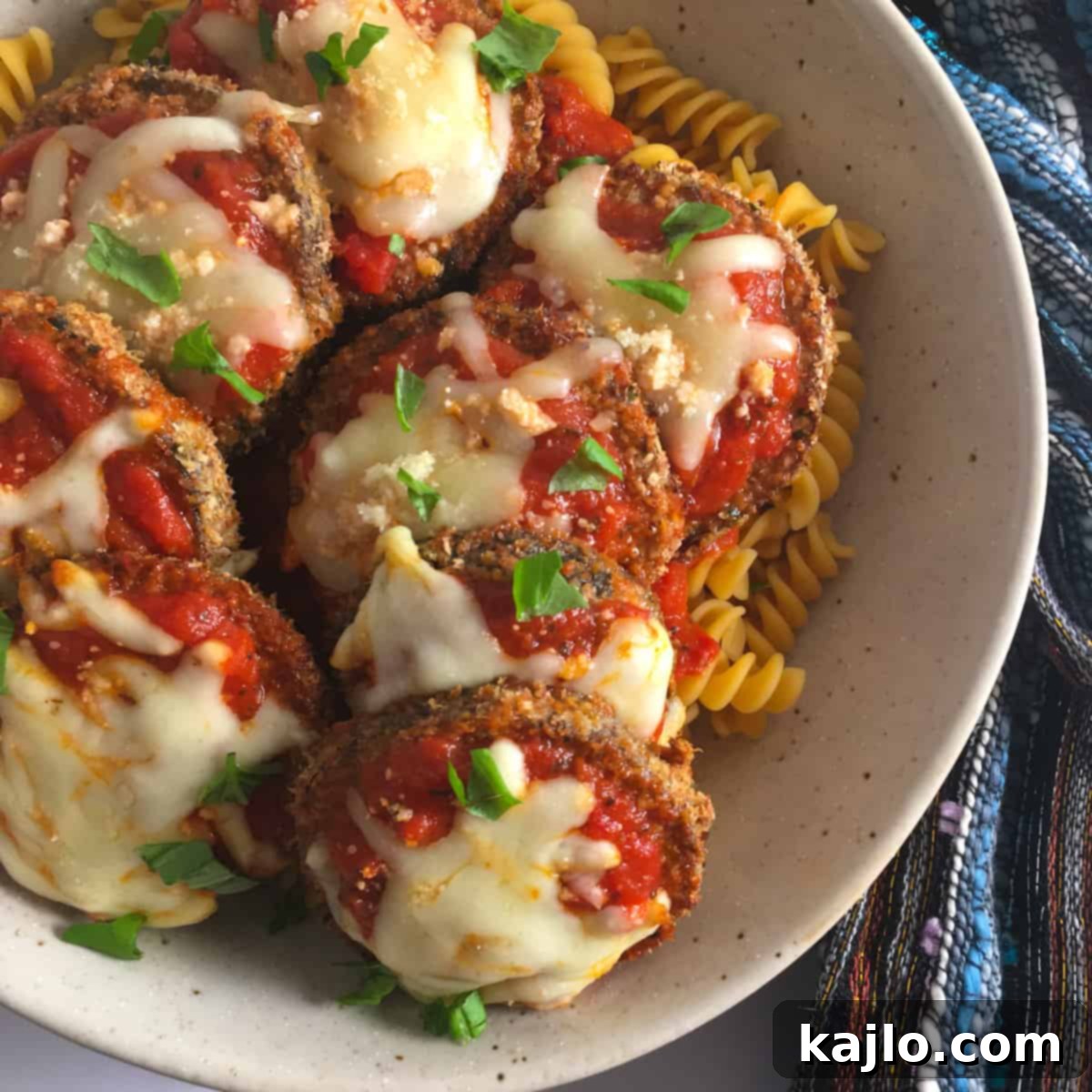 Crispy Air Fryer Eggplant Parmesan 4 bowl of air fryer eggplant parm over pasta