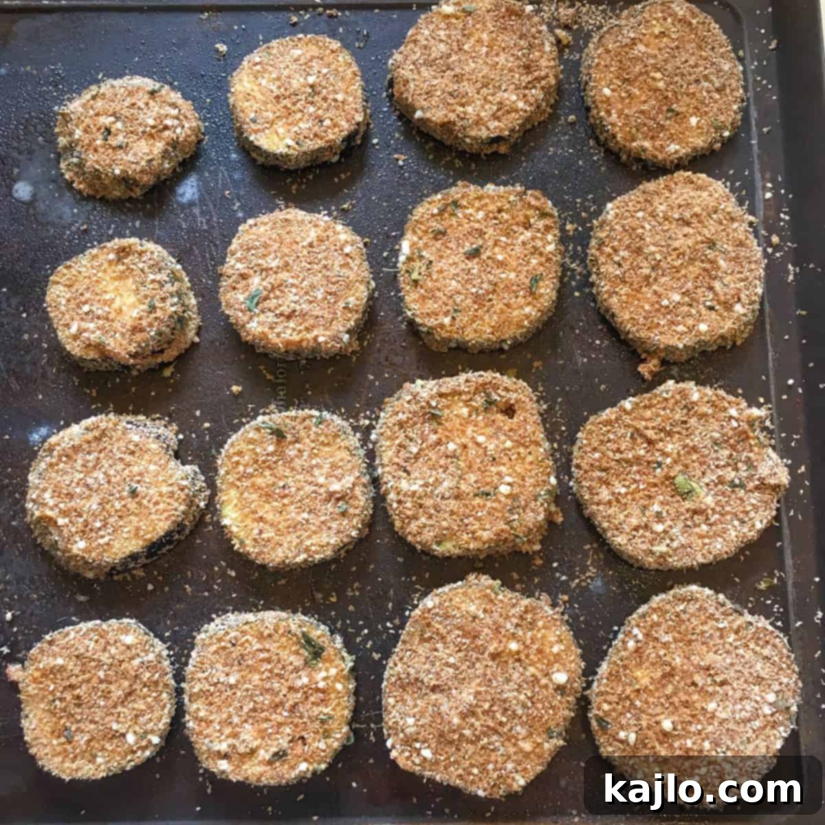 Crispy Air Fryer Eggplant Parmesan 7 eggplant parmesan bites breaded with wheat germ ready for oven