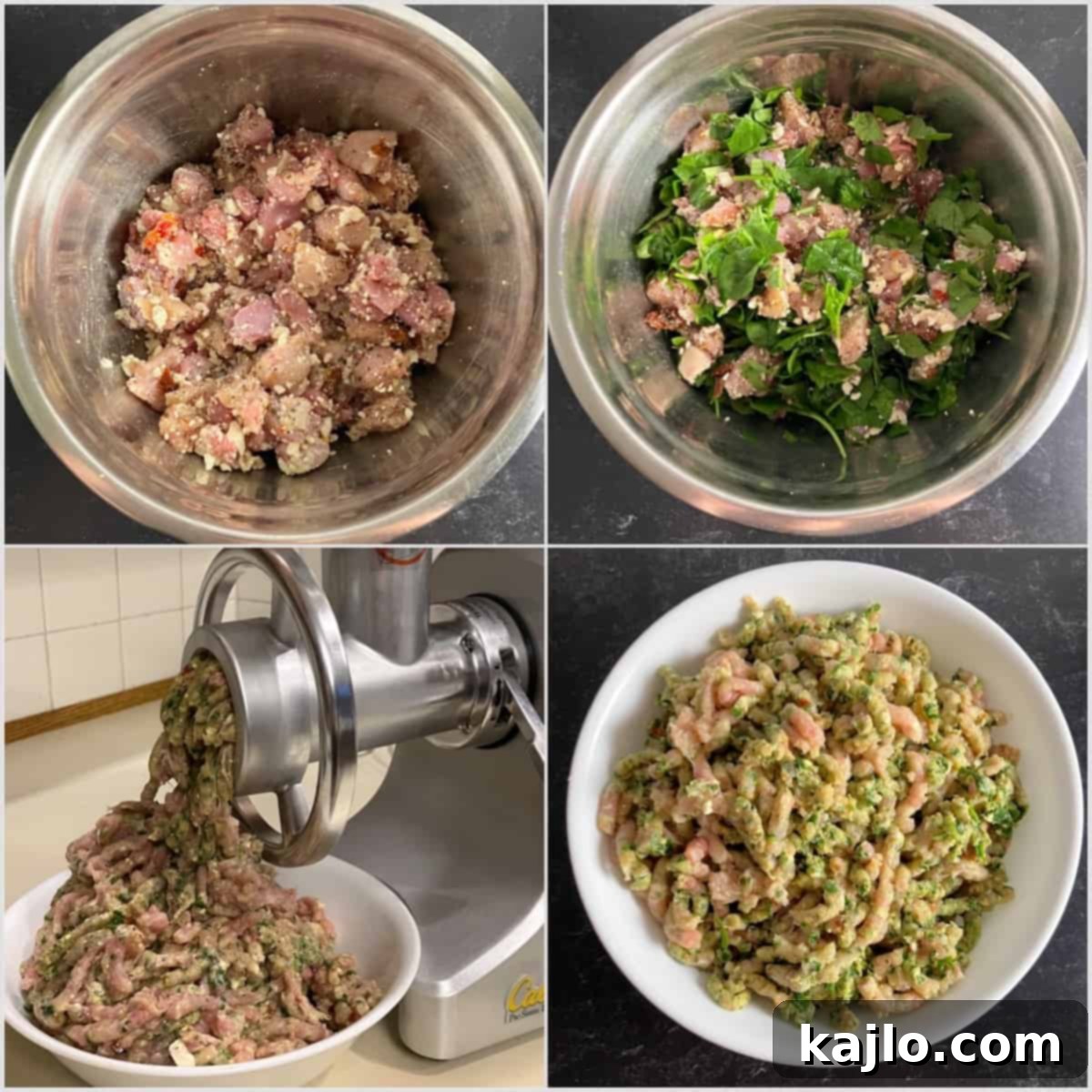 Hand mixing chicken, feta, and sun-dried tomatoes in a bowl before grinding