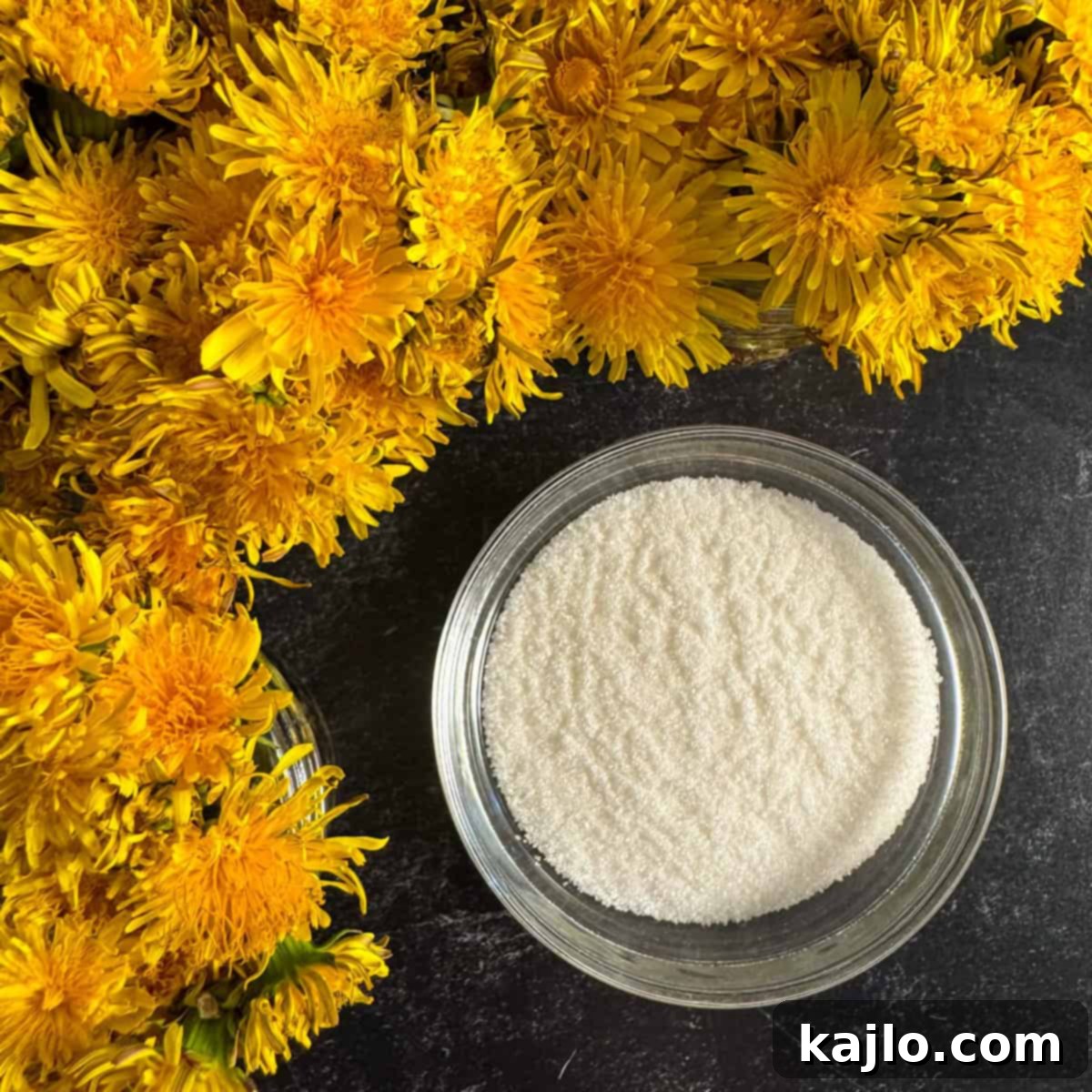 Fresh dandelion blossoms, sugar, and water as ingredients for dandelion vinegar