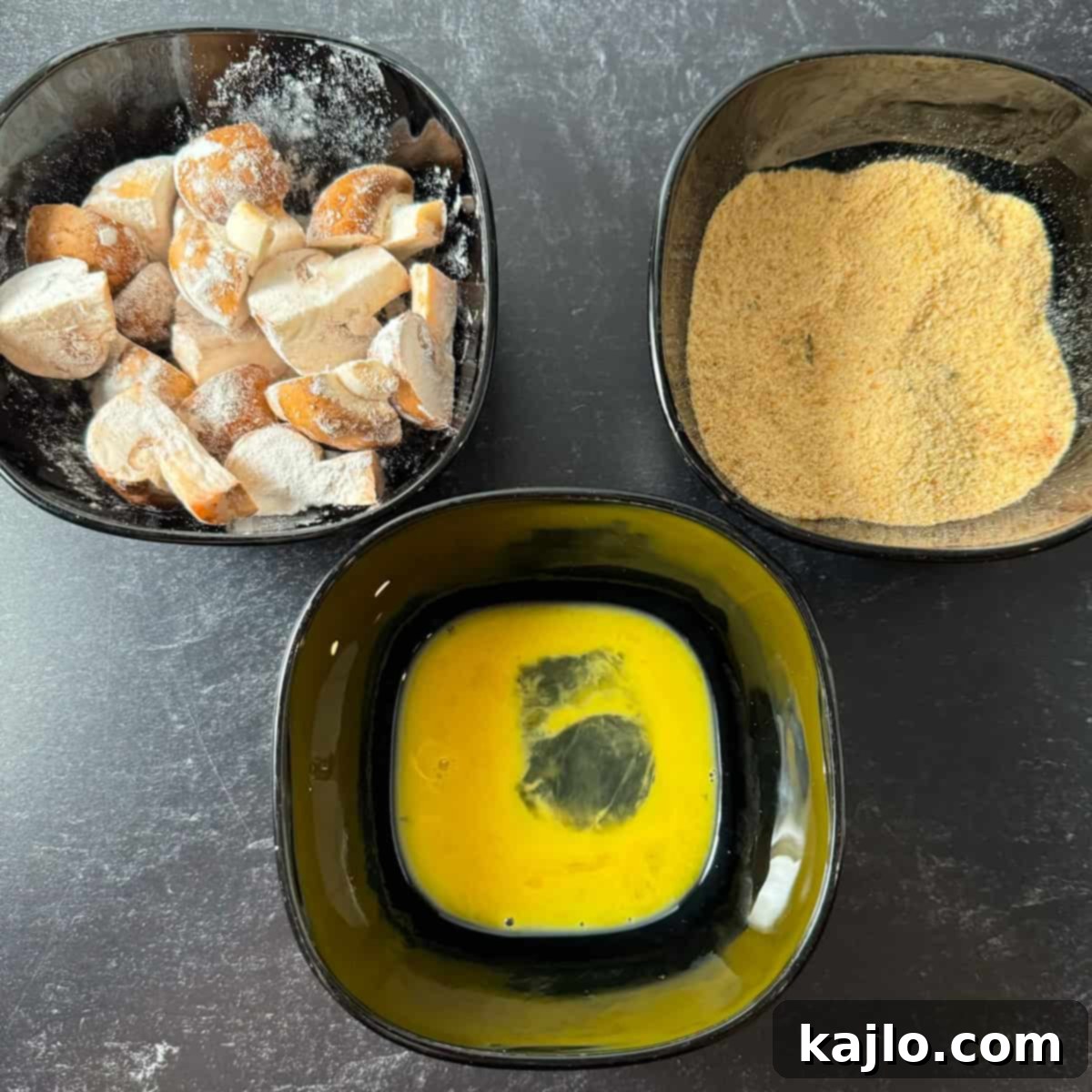 Breading station setup for air fryer breaded mushrooms