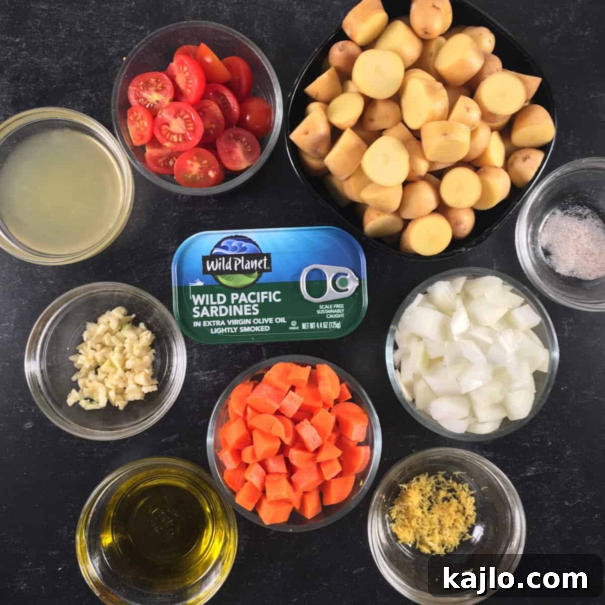 sardine bake ingredients laid out on a table