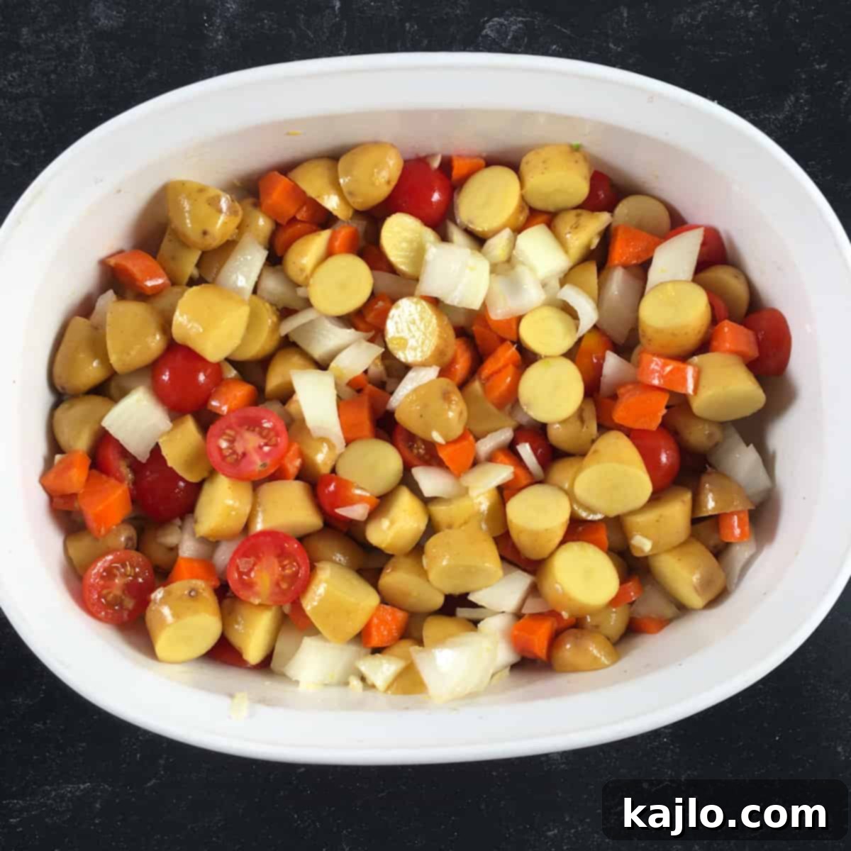 mixture of chopped vegetables in a casserole dish