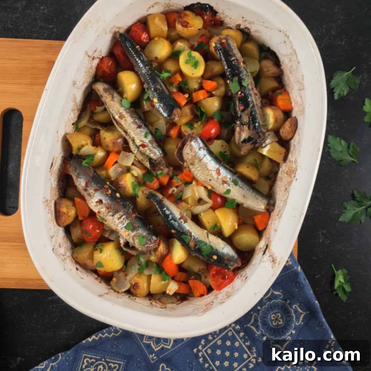 sardine and vegetable bake fresh from the oven