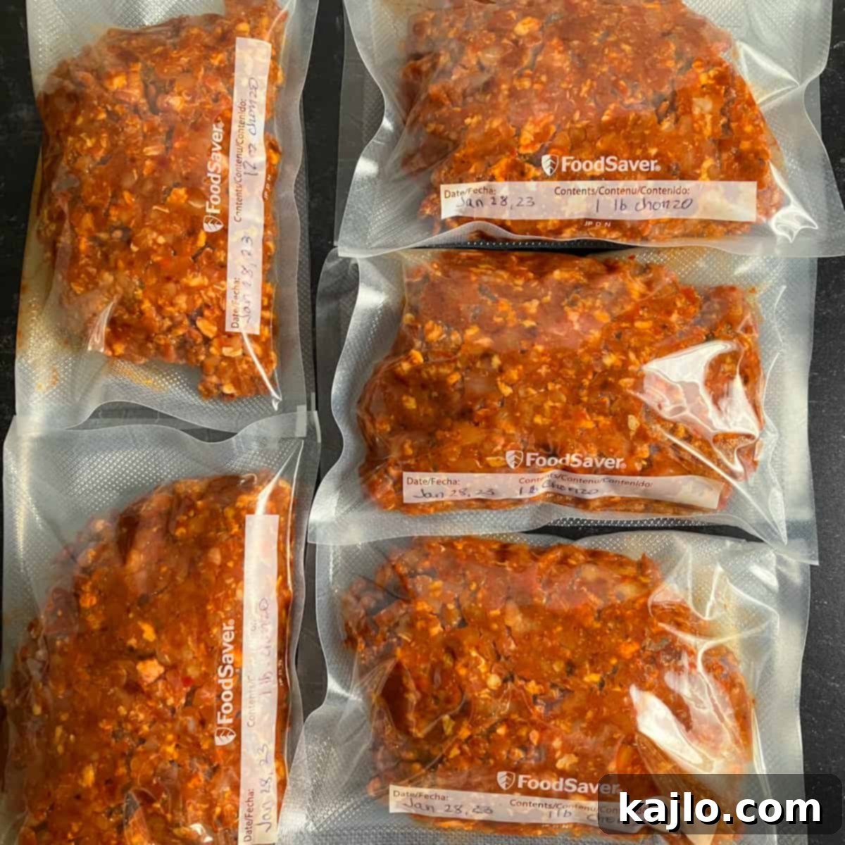 Crafting Authentic Mexican Chorizo at Home 9 Vacuum-sealed packages of homemade chorizo in a freezer