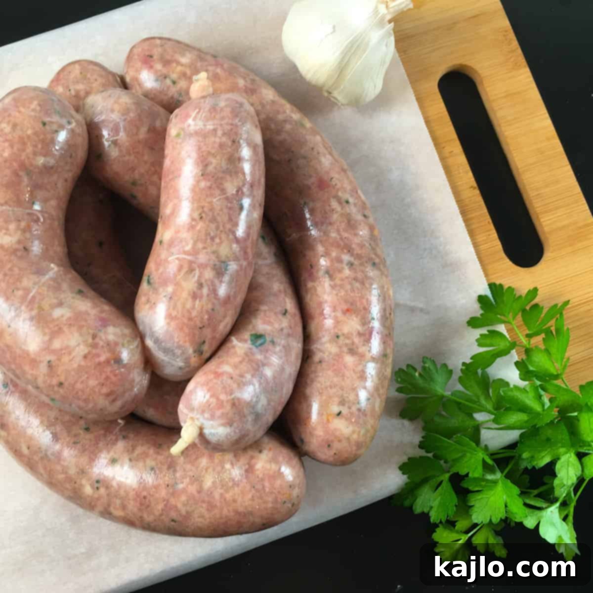 Ingredients for homemade Italian fennel sausage laid out on a table, including fresh herbs and spices.
