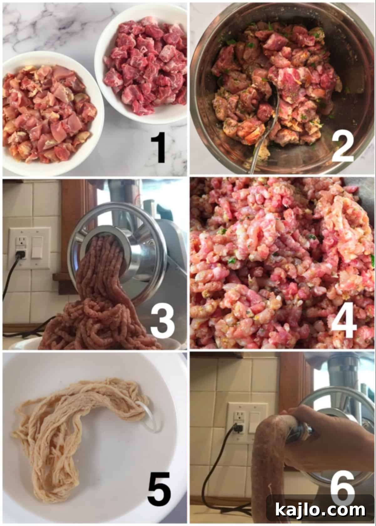 Step-by-step process of making sausage, showing meat being ground and stuffed into casings.