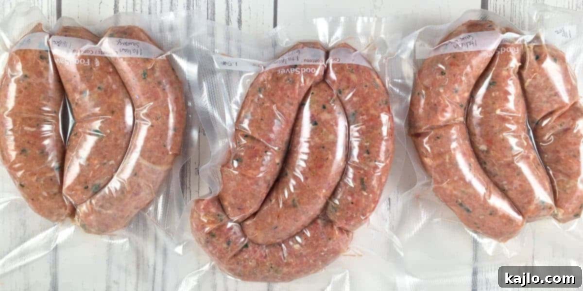 Italian fennel sausage stored in vacuum-sealed bags, ready for freezing.