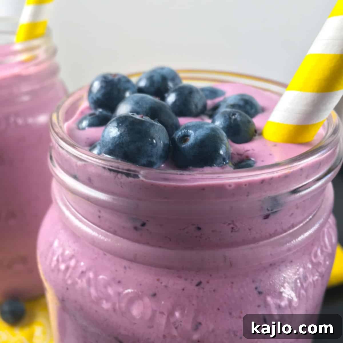 The finished keto blueberry smoothie recipe, poured into a glass and ready to enjoy.
