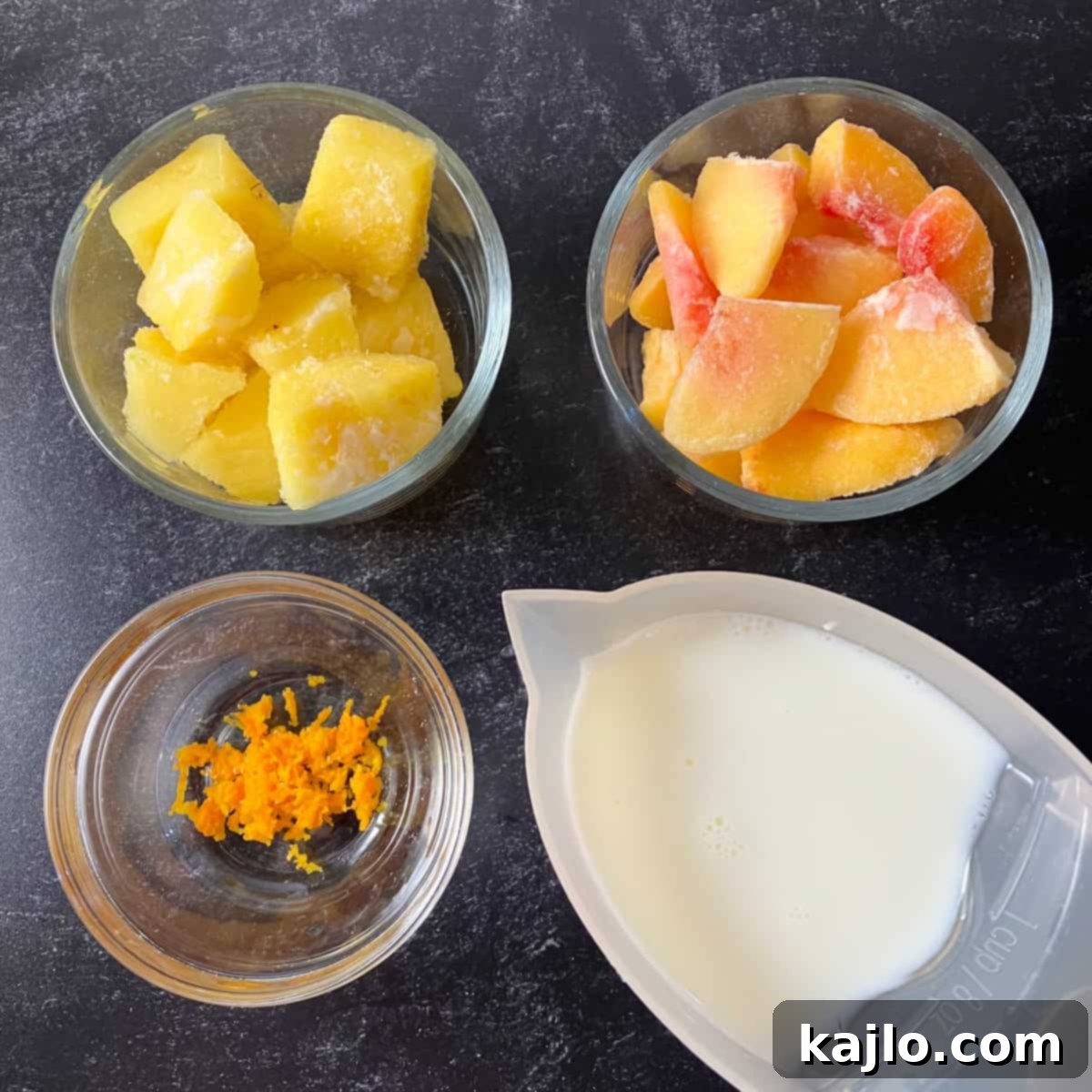 Guilt-Free Peach Pineapple Smoothie 3 Ingredients for peach pineapple smoothie: frozen peaches, frozen pineapple, milk, and orange zest