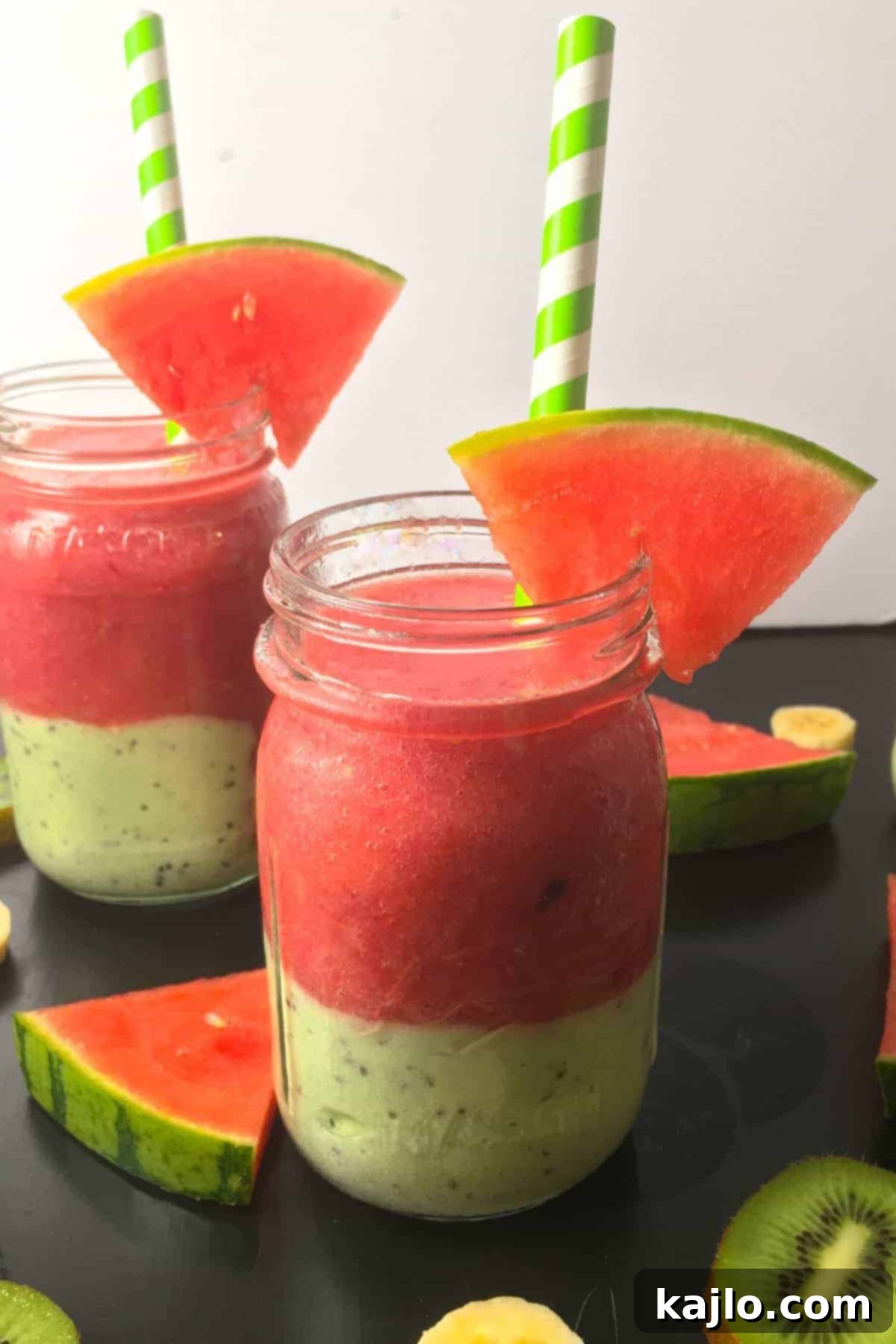 Refreshing Watermelon Banana Smoothie 3 Banana Watermelon Smoothie with No Added Sugar and kiwi layer