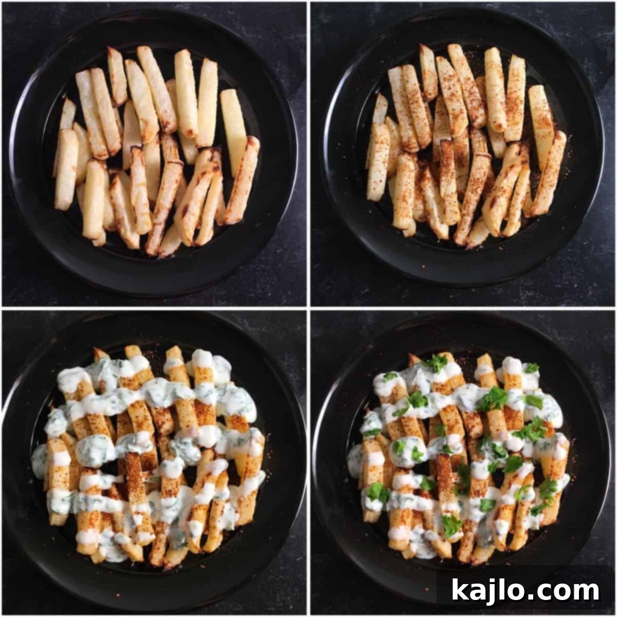 Crispy Air Fryer Jicama Fries with Creamy Keto Vegan Dip 5 A close-up of crispy air fryer jicama fries drizzled with cilantro-lime dipping sauce, ready to be enjoyed.