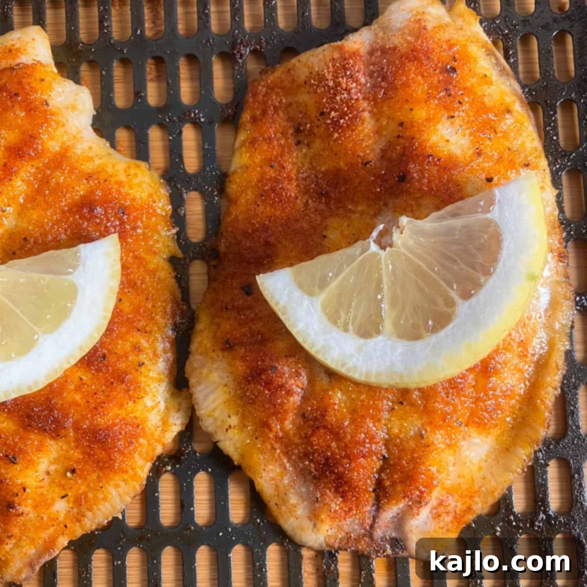 Easy Air Fryer Frozen Tilapia 6 Cooked frozen tilapia in an air fryer, ready to serve.