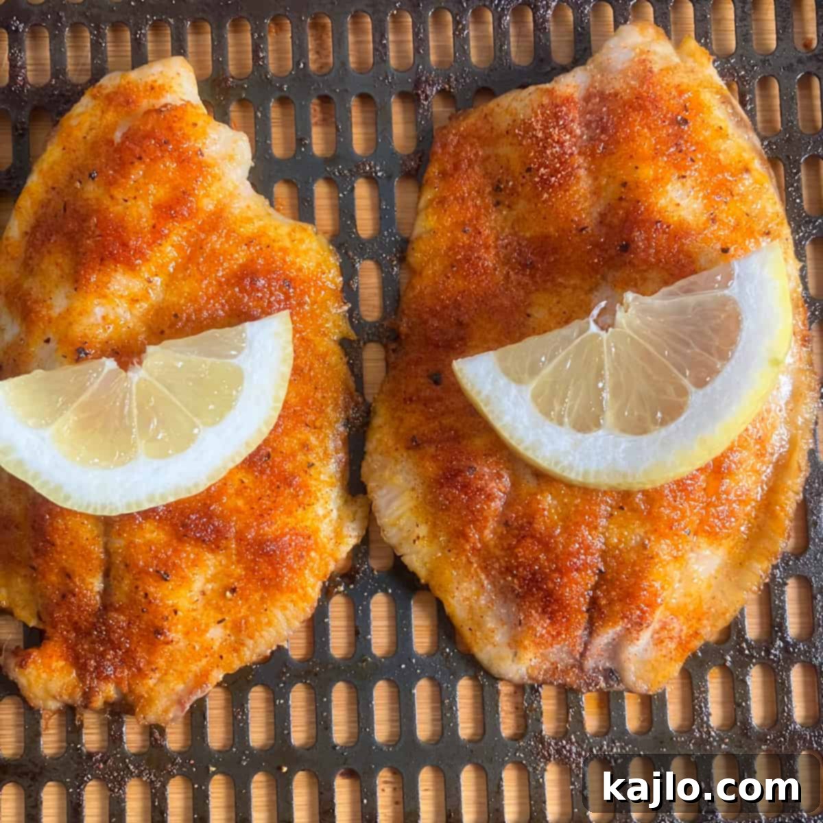 Easy Air Fryer Frozen Tilapia 7 Close-up of air fried frozen tilapia, showing flaky texture.
