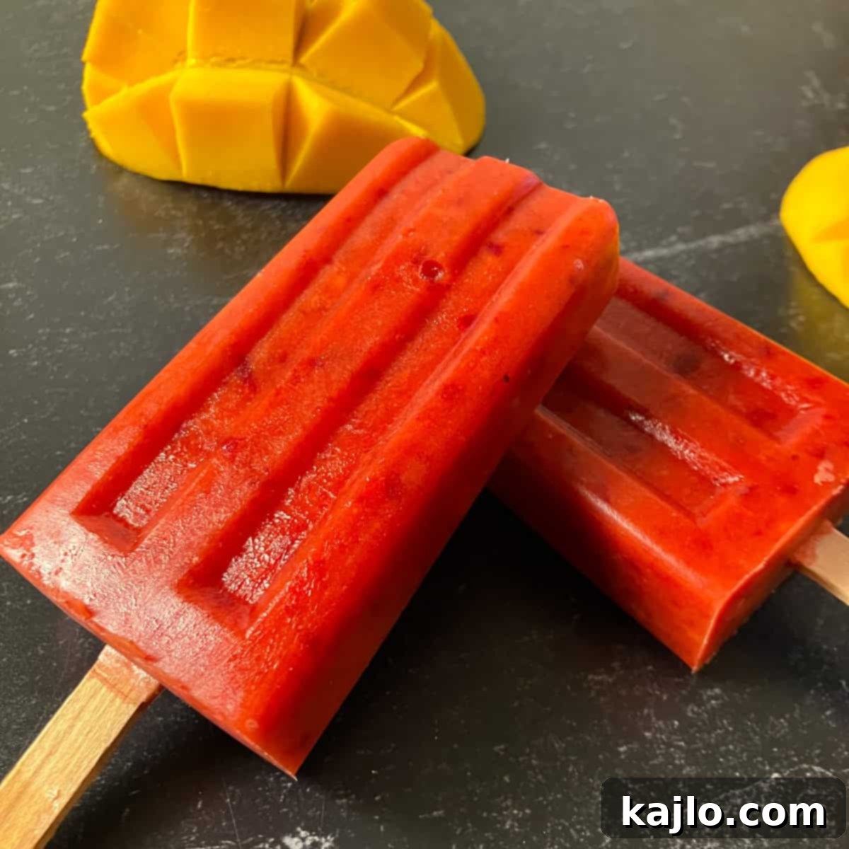 Summer Cherry Mango Pops 5 Homemade cherry mango popsicles setting in molds