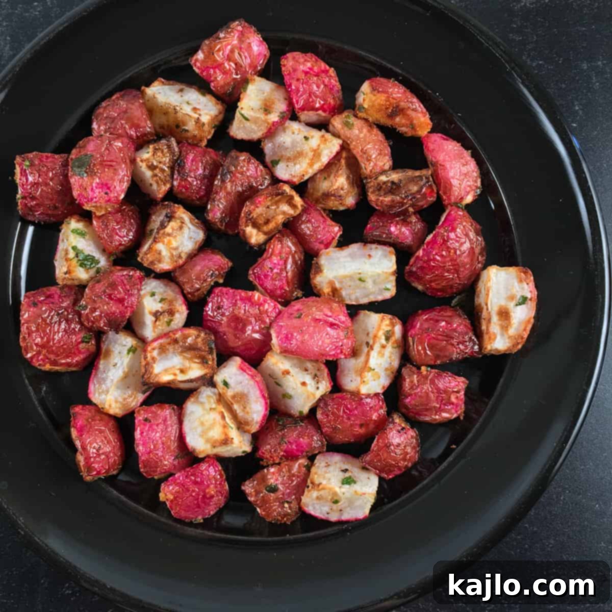 Crispy air fried radishes, glistening with a hint of oil for perfect texture.