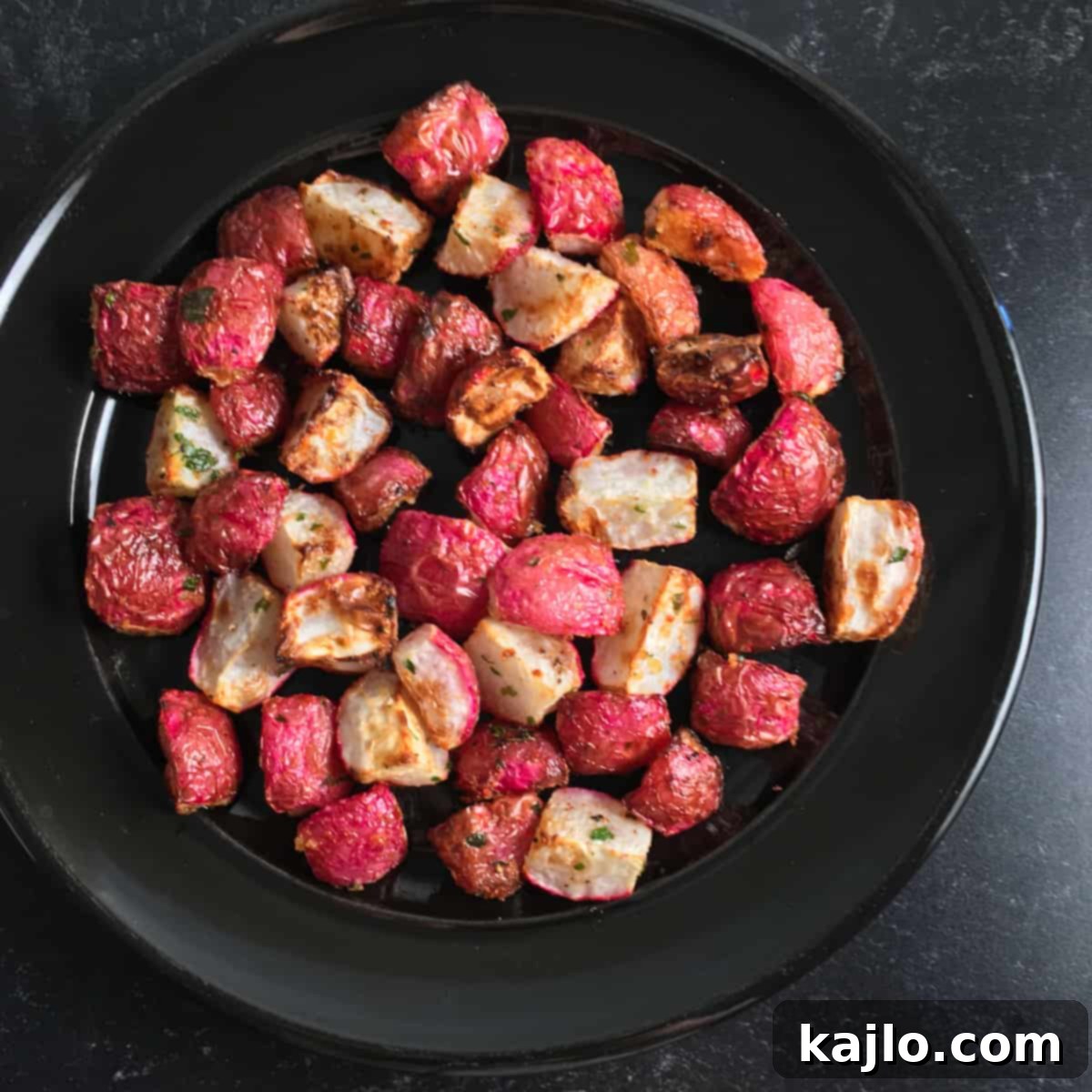 Close-up of perfectly cooked air fryer radishes, showing their tender texture.