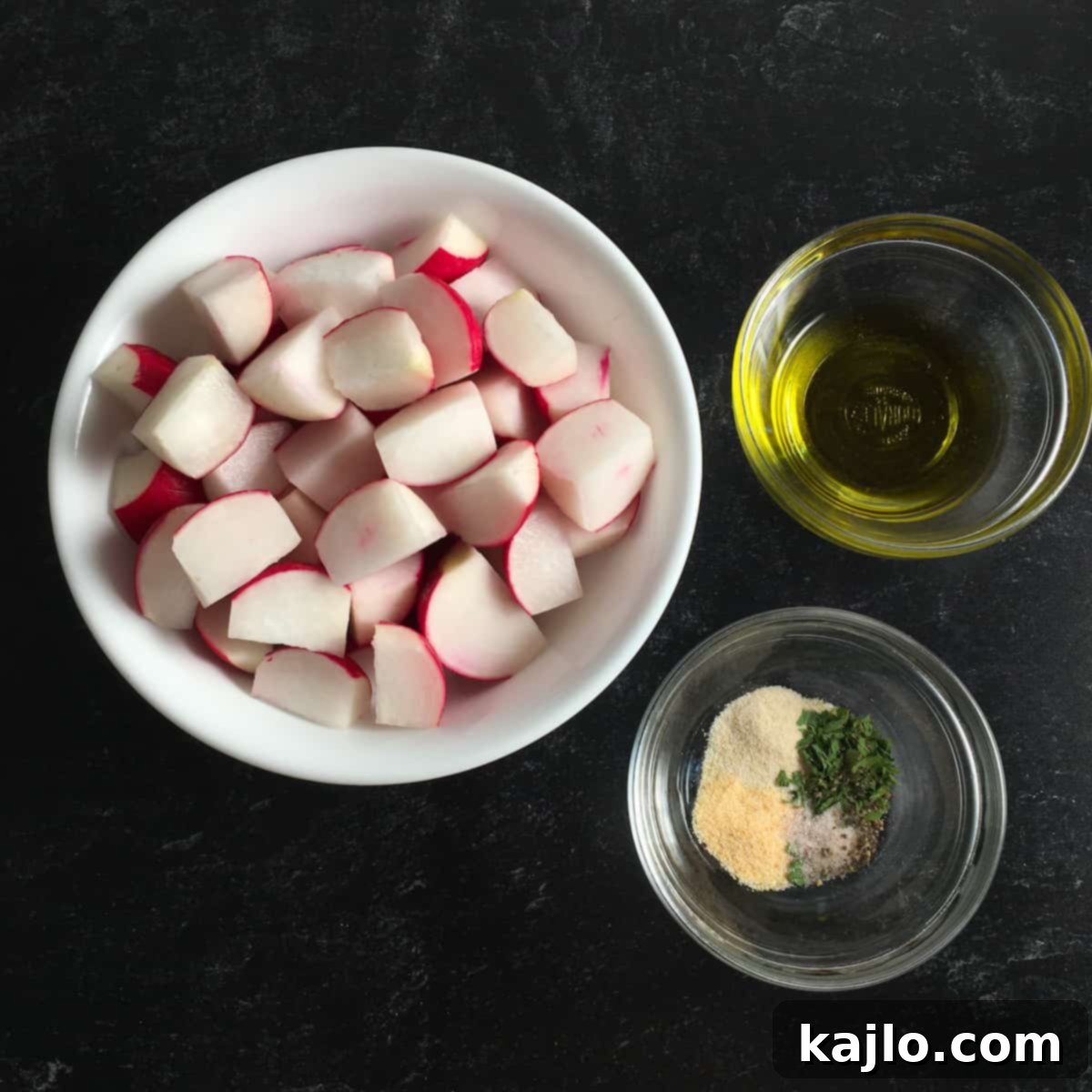 A selection of fresh radishes and spices laid out for air frying.