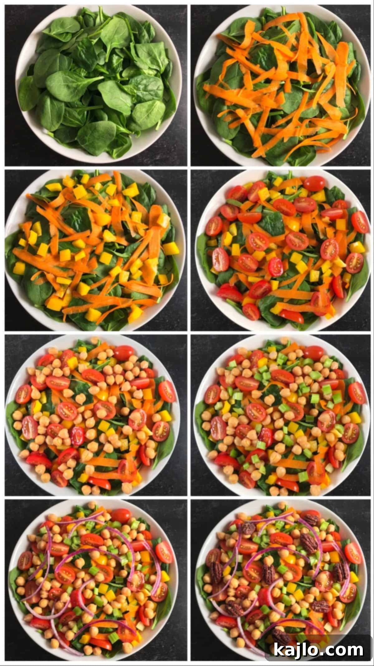 Visual steps on how to prepare spinach salad