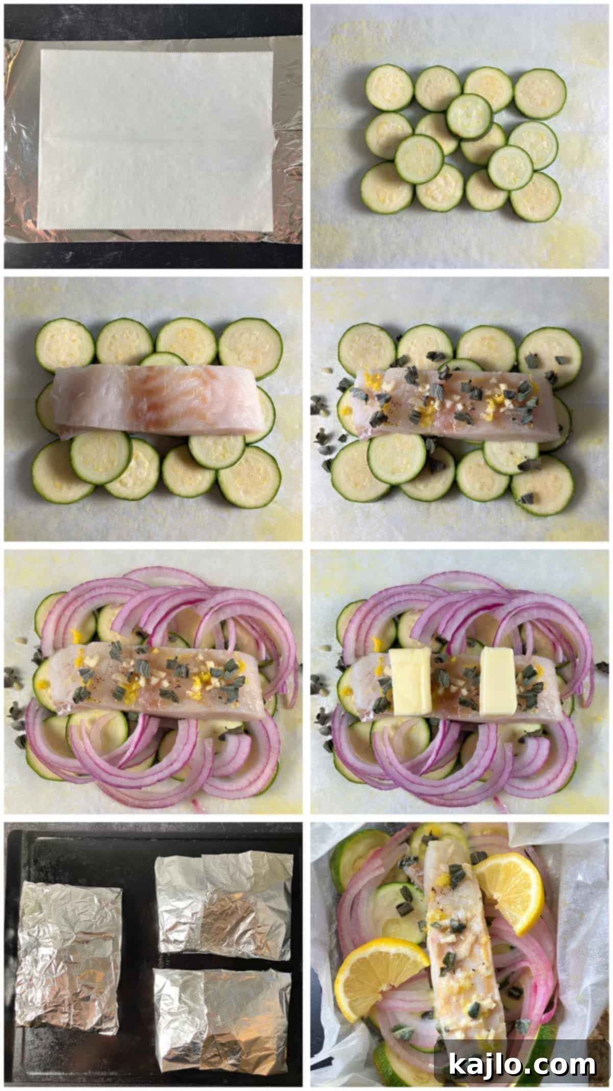 Parchment Baked Cod with Seasonal Vegetables 5 Sequential photos showing the steps to assemble cod en papillote packets.